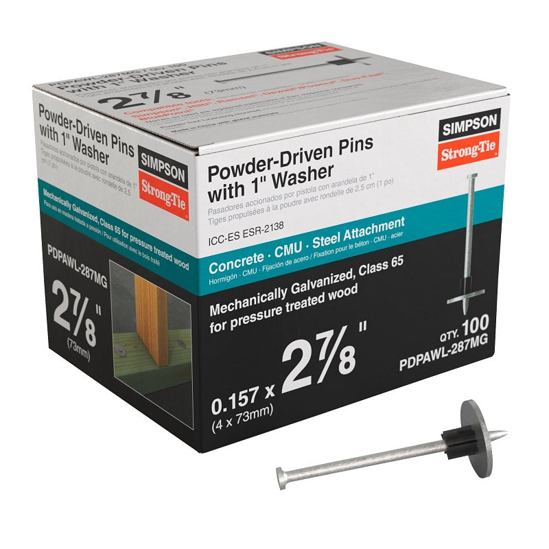 Simpson Strong-Tie PDPAWL PDPAWL-287MG Powder Driven Pin with 1 in Washer, 0.157 in Dia Shank, 2-7/8 in L