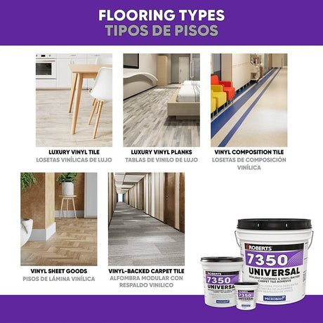 Roberts 7350 Series 7350RB004 Universal Flooring Adhesive, Paste, Resinous, Very Mild Acrylic, Off-White, 1 gal, Pail, Pack of 4