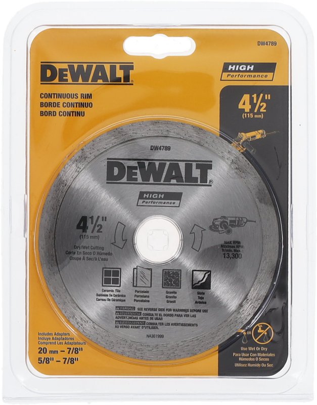 DEWALT DW4789 Continuous Rim Blade, 4-1/2 in Dia, 0.06 in Thick, 5/8 in Arbor