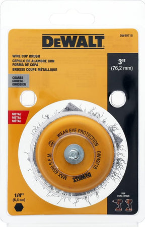 DEWALT DW49718 Wire Cup Brush, 3 in Dia, 1/4 in Arbor/Shank, Crimped Bristle, Carbon Steel Bristle