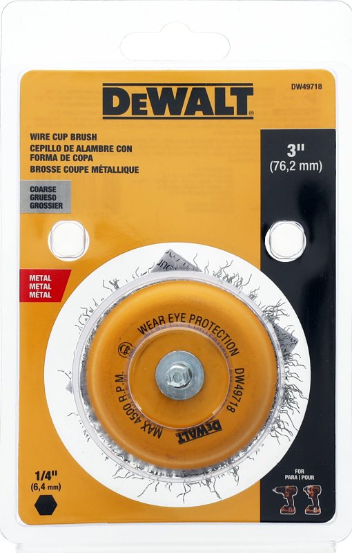 DEWALT DW49718 Wire Cup Brush, 3 in Dia, 1/4 in Arbor/Shank, Crimped Bristle, Carbon Steel Bristle