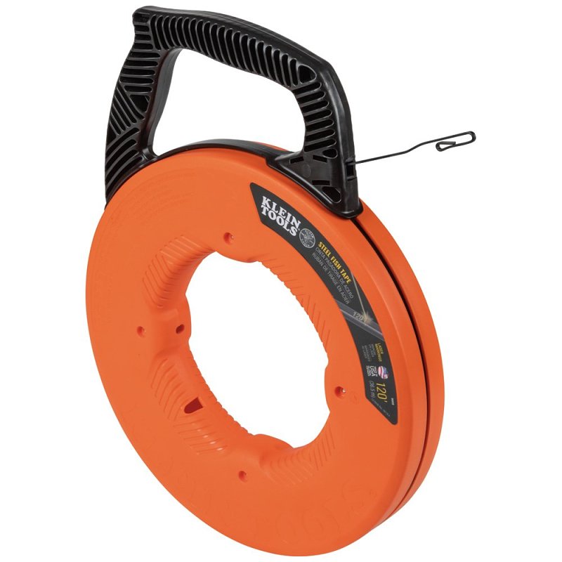 Klein Tools 56333 Fish Tape, 1/8 in Tape, 120 ft L Tape, Steel Tape, Black/Orange Case