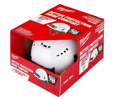Milwaukee Bolt 48-73-1320 Vented Safety Helmet, 6-1/2 to 8-1/2 in, Polycarbonate Shell, HDPE, White