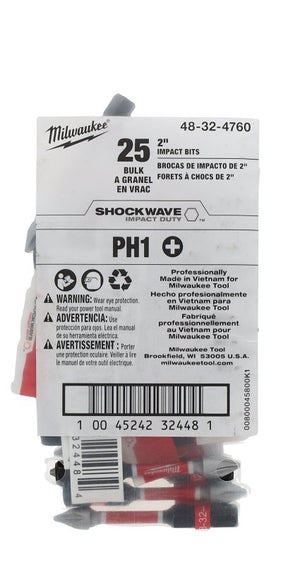 Milwaukee SHOCKWAVE 48-32-4760 Impact-Duty Power Screwdriver Bit, #1 Drive, Phillips Drive, 1/4 in Shank, Hex Shank, Pack of 25