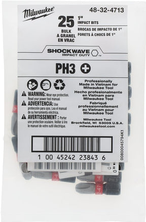 Milwaukee SHOCKWAVE 48-32-4713 Impact-Duty Insert Bit, #3 Drive, Phillips Drive, 1 in L, Alloy Steel, Pack of 25