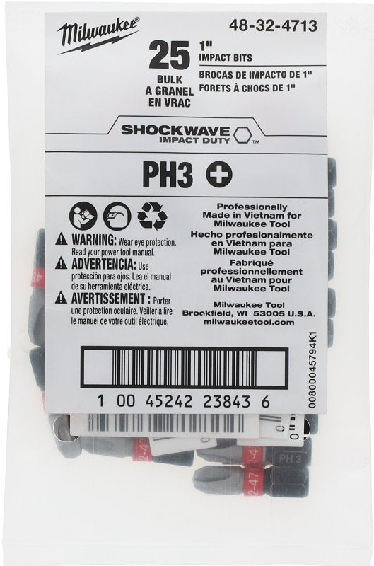 Milwaukee SHOCKWAVE 48-32-4713 Impact-Duty Insert Bit, #3 Drive, Phillips Drive, 1 in L, Alloy Steel, Pack of 25