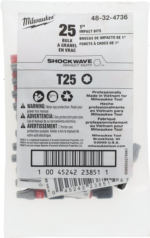 Milwaukee SHOCKWAVE 48-32-4736 Impact-Duty Insert Bit, T25 Drive, Torx Drive, 1 in L, Alloy Steel, Pack of 25