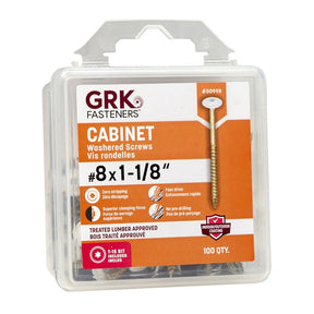GRK Fasteners 50998 Cabinet Screw, #8 Thread, 1-1/8 in L, W-Cut Thread, Low-Profile, Washer Head, Star Drive, Steel