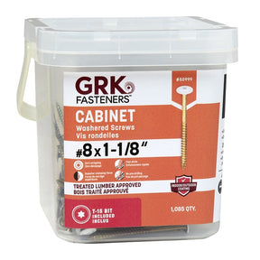GRK Fasteners 50999 Cabinet Screw, #8 Thread, 1-1/8 in L, W-Cut Thread, Low-Profile, Washer Head, Star Drive, Steel