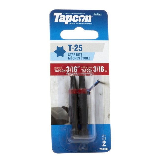 Tapcon 28000C Driver Bit, T25 Drive, Star, Torx Drive, 0.19 in Shank, Hex Shank, 2 in L, Steel
