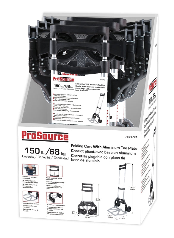 ProSource 85-611-A Folding Cart, 150 lb, 15-1/8 in L Platform, 11 in W Platform, 2-Wheel, Aluminum, Pack of 6