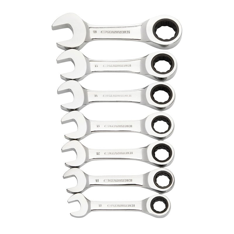 GearWrench 9520G Stubby Ratcheting Wrench Set, 7-Piece, Chrome Molybdenum Steel, Specifications: Metric Measurement Type