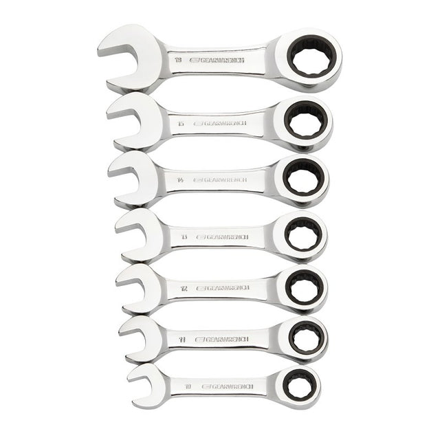 GearWrench 9520G Stubby Ratcheting Wrench Set, 7-Piece, Chrome Molybdenum Steel, Specifications: Metric Measurement Type