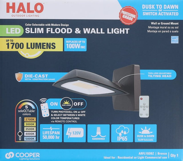 Halo ARFL Series ARFL15DBZ Flood Light, 120 V, 15 W, LED Lamp, 1789 Lumens, 2700, 3000, 3500, 4000, 5000 K Color Temp, Pack of 4