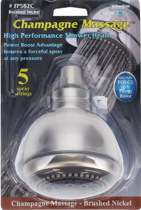 Whedon FP582C Showerhead, 2 gpm, 1/2 in Connection, 5 -Spray Function, Plastic, Brushed Nickel, 3-1/2 in L, 5.1 in W