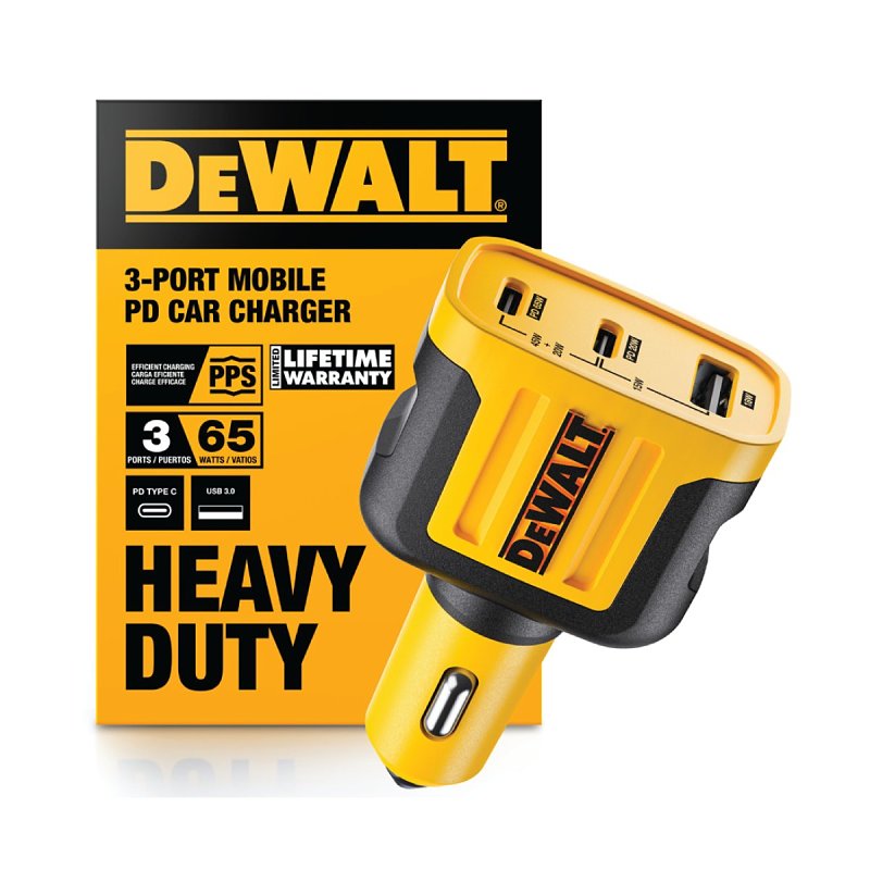DEWALT 141 0036 DW2 Car Charger, 3-Output Connection, USB A, USB C Output, Black/Yellow Housing, Pack of 2