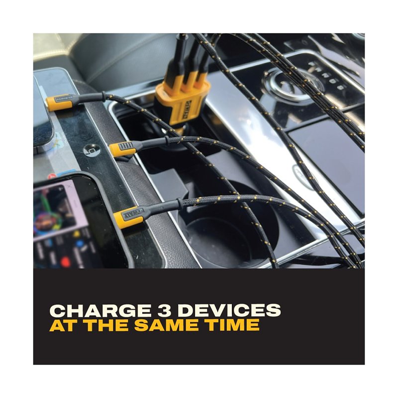 DEWALT 141 0036 DW2 Car Charger, 3-Output Connection, USB A, USB C Output, Black/Yellow Housing, Pack of 2