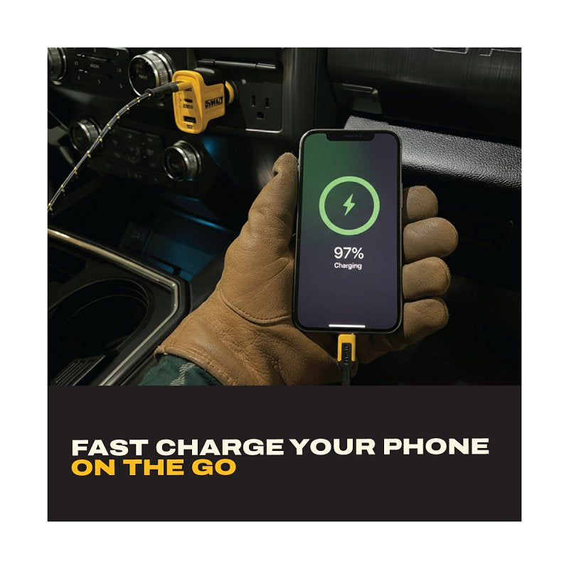 DEWALT 141 0036 DW2 Car Charger, 3-Output Connection, USB A, USB C Output, Black/Yellow Housing, Pack of 2