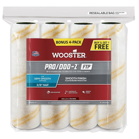 Wooster RR868-9 Roller Cover, White, 3/8 in Thick Nap, 9 in L, Fabric Cover, 4/PK