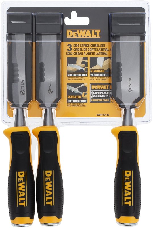 DEWALT DWHT16148 Chisel Set, 3-Piece, Steel, Chrome, Black/Yellow