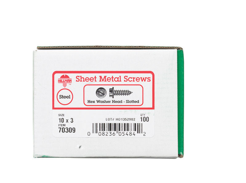 HILLMAN No. 10 X 3 in. L Slotted Hex Washer Head Sheet Metal Screws 100 pk