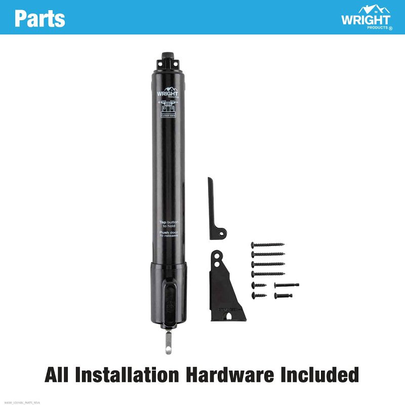 Wright Products V2016BL Pneumatic Storm Door Closer, 11-1/4 in Dia Rod, 12-3/4 in L, Gloss, 90 deg Opening