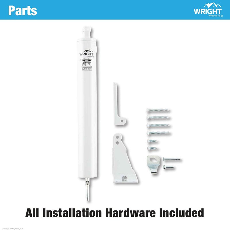 Wright Products V821AWH Pneumatic Closer, 9 in Dia Rod, 10-5/8 in L, Gloss, 90 deg Opening