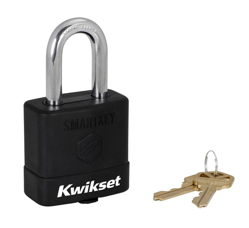Kwikset 90260-043 Padlock, Keyed Alike Key, 0.35 in Dia Shackle, 1-1/2 in H Shackle, Boron Carbide Shackle, Steel Body