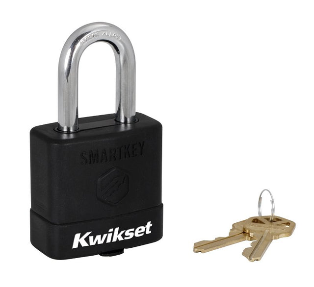 Kwikset 90260-043 Padlock, Keyed Alike Key, 0.35 in Dia Shackle, 1-1/2 in H Shackle, Boron Carbide Shackle, Steel Body