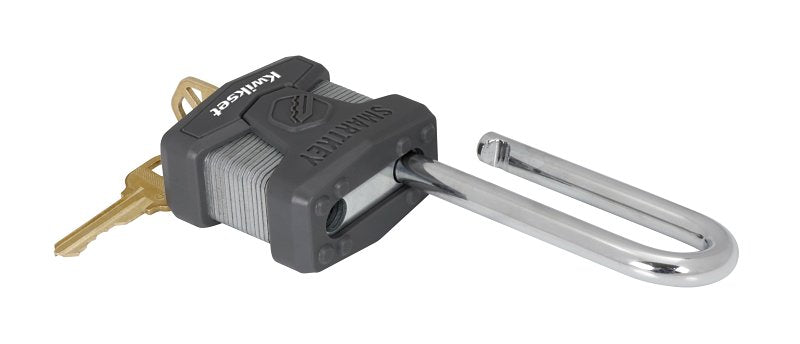 Kwikset 90260-047 Padlock, Rekeyable Key, 0.35 in Dia Shackle, 2-1/2 in H Shackle, Boron Carbide Shackle, 5 in H Body
