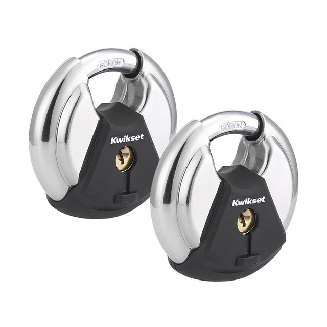 Kwikset 90260-502 Discus Padlock, Keyed Alike Key, 0.37 in Dia Shackle, 0.61 in H Shackle, Boron Carbide Shackle