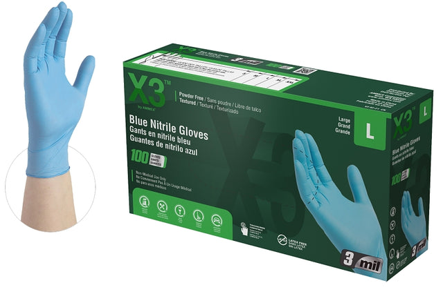 Ammex X3 Series X346100 Non-Sterile Disposable Gloves, L, Nitrile, Powder-Free, Blue