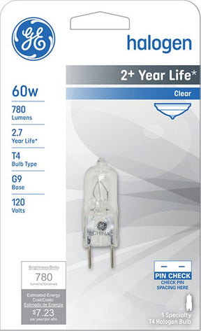 GE Edison Series 16756 Halogen Bulb, 60 W, G9 Lamp Base, T4 Lamp, White Light, 780 Lumens, 2800 K Color Temp