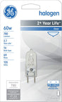 GE Edison Series 16756 Halogen Bulb, 60 W, G9 Lamp Base, T4 Lamp, White Light, 780 Lumens, 2800 K Color Temp