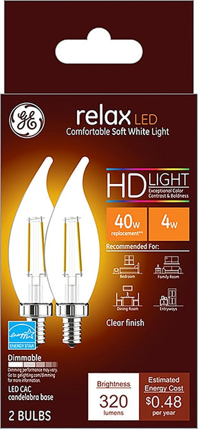 GE 31384 LED Bulb, General Purpose, 40 W Equivalent, E12 Lamp Base, Dimmable, Clear, Soft White Light, 2700 K Color Temp