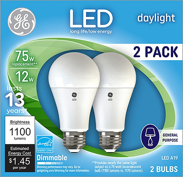 GE 93127670 Light Bulb, General-Purpose, A19 Lamp, 75 W Equivalent, Medium Lamp Base, Dimmable, Daylight