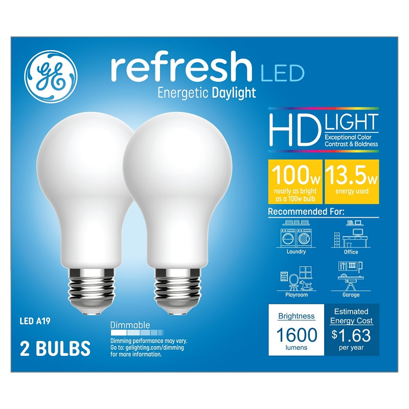 GE 93129808 LED Light Bulb, A19 Lamp, 100 W Equivalent, E26/24 Medium Lamp Base, Dimmable, White, Daylight Light