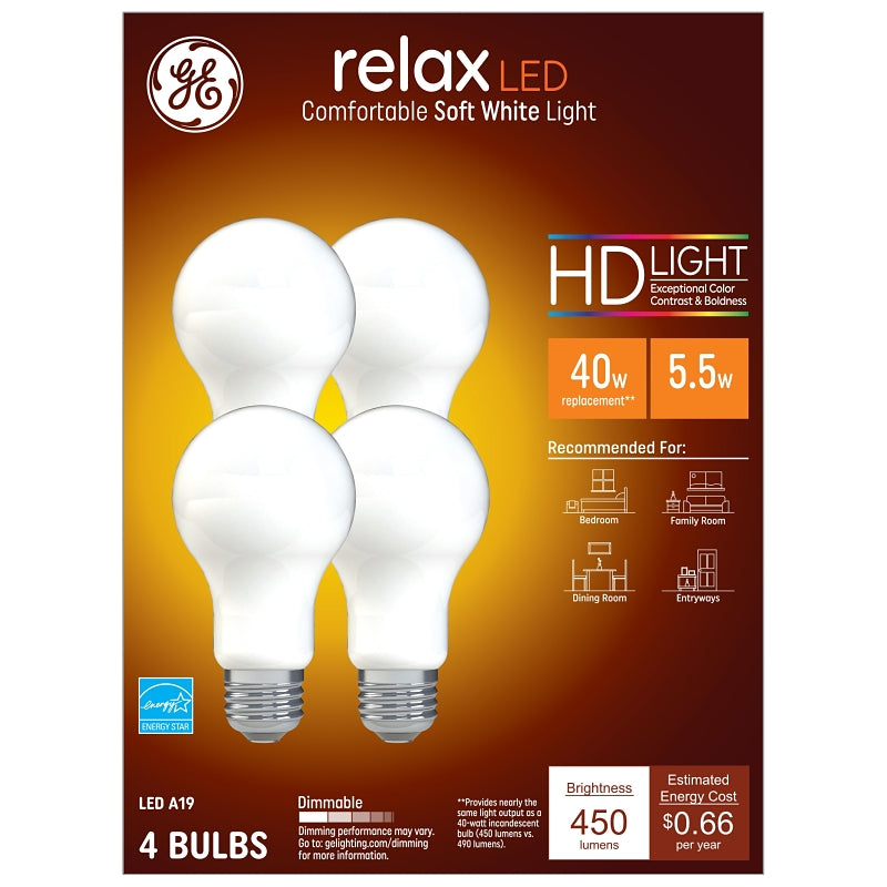 GE 93129437 LED Light Bulb, A19 Lamp, 40 W Equivalent, E26 Medium Lamp Base, Dimmable, Soft White Light, 2700 K Color Temp
