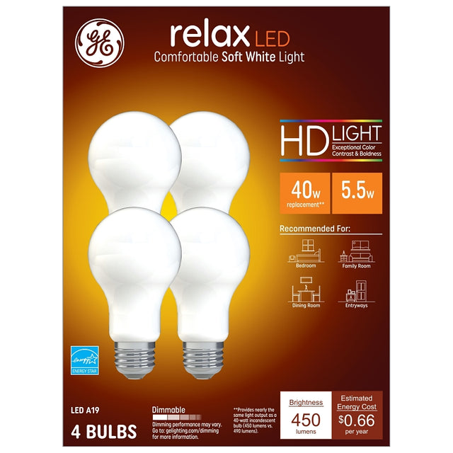 GE 93129437 LED Light Bulb, A19 Lamp, 40 W Equivalent, E26 Medium Lamp Base, Dimmable, Soft White Light, 2700 K Color Temp
