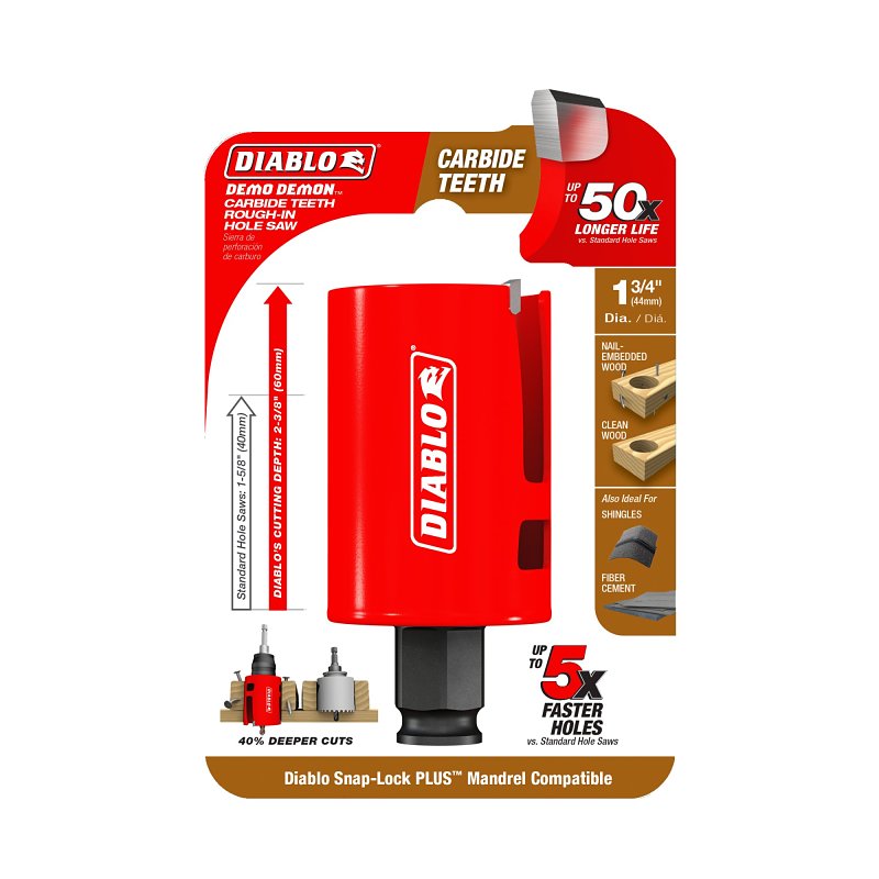 Diablo Demo Demon DHS1750CTR Hole Saw, 1-3/4 in Dia, 2-3/8 in D Cutting, 1-5/8 in Arbor, Carbide Cutting Edge