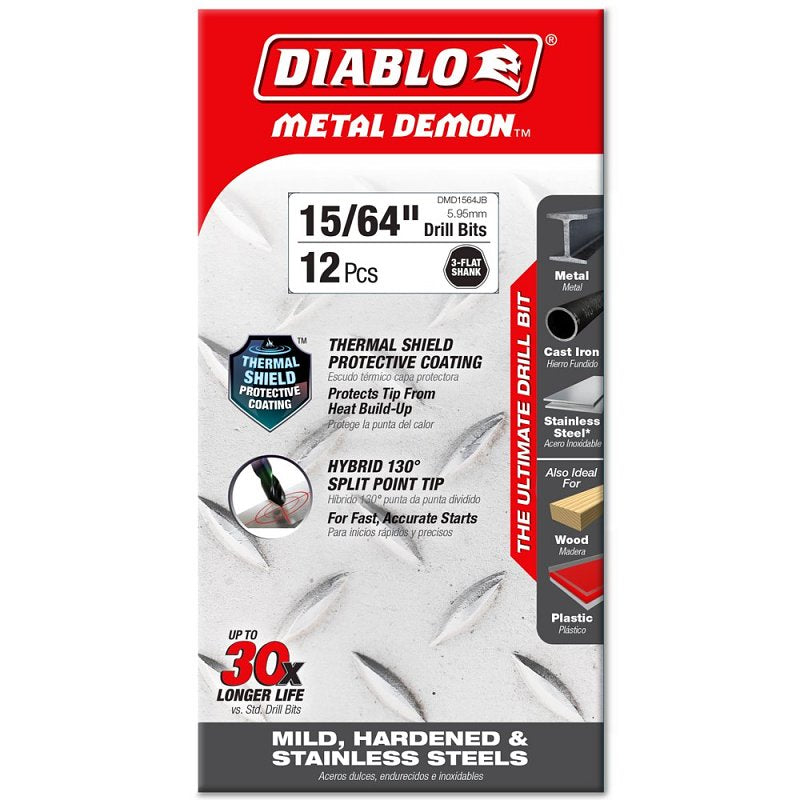 Diablo Metal Demon DMD1564JP1 Drill Bit, 15/64 in Dia, 3.7 in OAL, Three-Flat Shank, Pack of 12