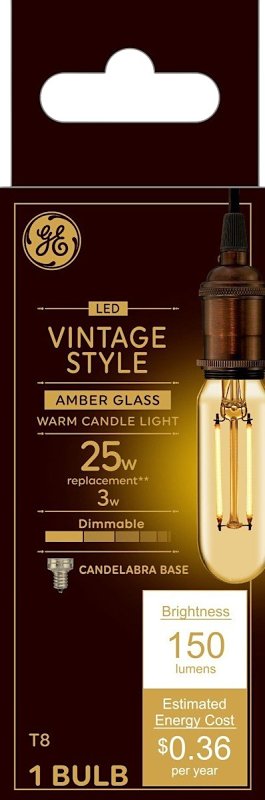 GE 93129850 Light Bulb, Decorative, T8 Lamp, 25 W Equivalent, E12 Candelabra Lamp Base, Dimmable, Amber