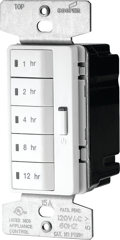Eaton Wiring Devices PT18H-W-K Programmable Hour Timer, 15 A, 120 V, 1800 W, 1, 2, 4, 8, 12 hr Off Time Setting, White