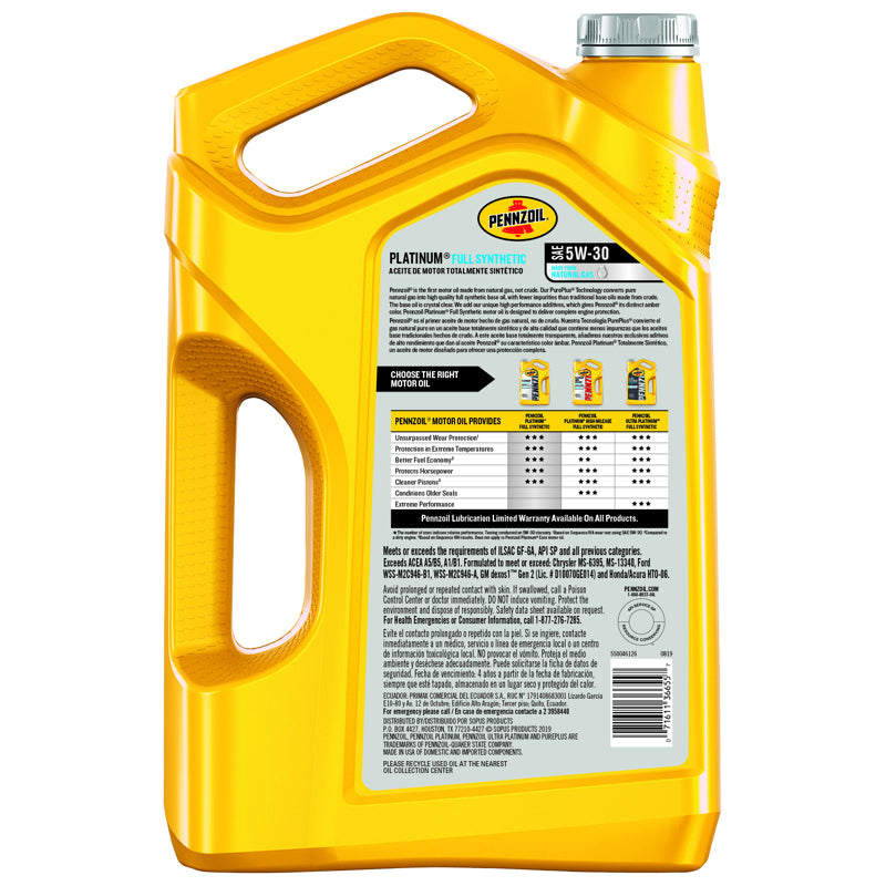 Pennzoil Platinum 5W-30 Gasoline Synthetic Motor Oil 5 qt 1 pk, Pack of 3