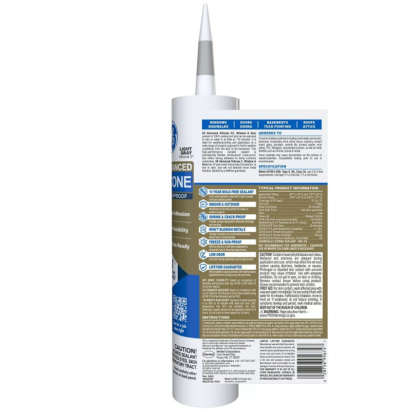 GE 2813704 Window and Door Silicone Caulk, Gray, 10.1 oz Cartridge, Pack of 12