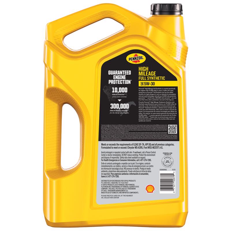 Pennzoil Full Synthetic 5W-30 High Mileage Motor Oil 5 qt 1 pk, Pack of 3
