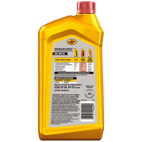 Pennzoil High Mileage 10W-30 4-Cycle Synthetic Motor Oil 1 qt 1 pk, Pack of 6