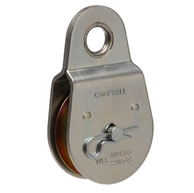 Campbell T7550402 Pulley, Fixed Eye, Single Sheave, 3/8 in Rope, 480 lb Working Load, 2 in Sheave, Zinc