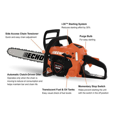Echo CS-3410-14 Chainsaw, 34.4 cc Engine Displacement, 2-Stroke Engine, 14 in L Bar, 3/8 in Pitch, 91PX Chain, i30 Start