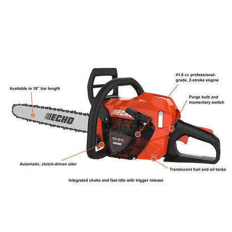 Echo CS-4010-18 Chainsaw, Oil, 41.6 cc Engine Displacement, 2-Stroke Engine, 18 in L Bar, 0.325 in Pitch, ES-Start Start